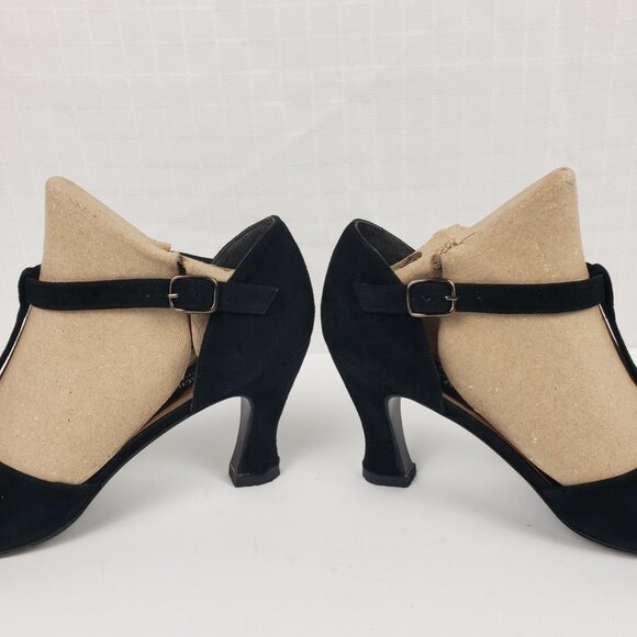 Stuart Weitzman Sz 7 Black TStrap Heels for Neiman Marcus Slits 3" Suede Shoes - Picture 7 of 16